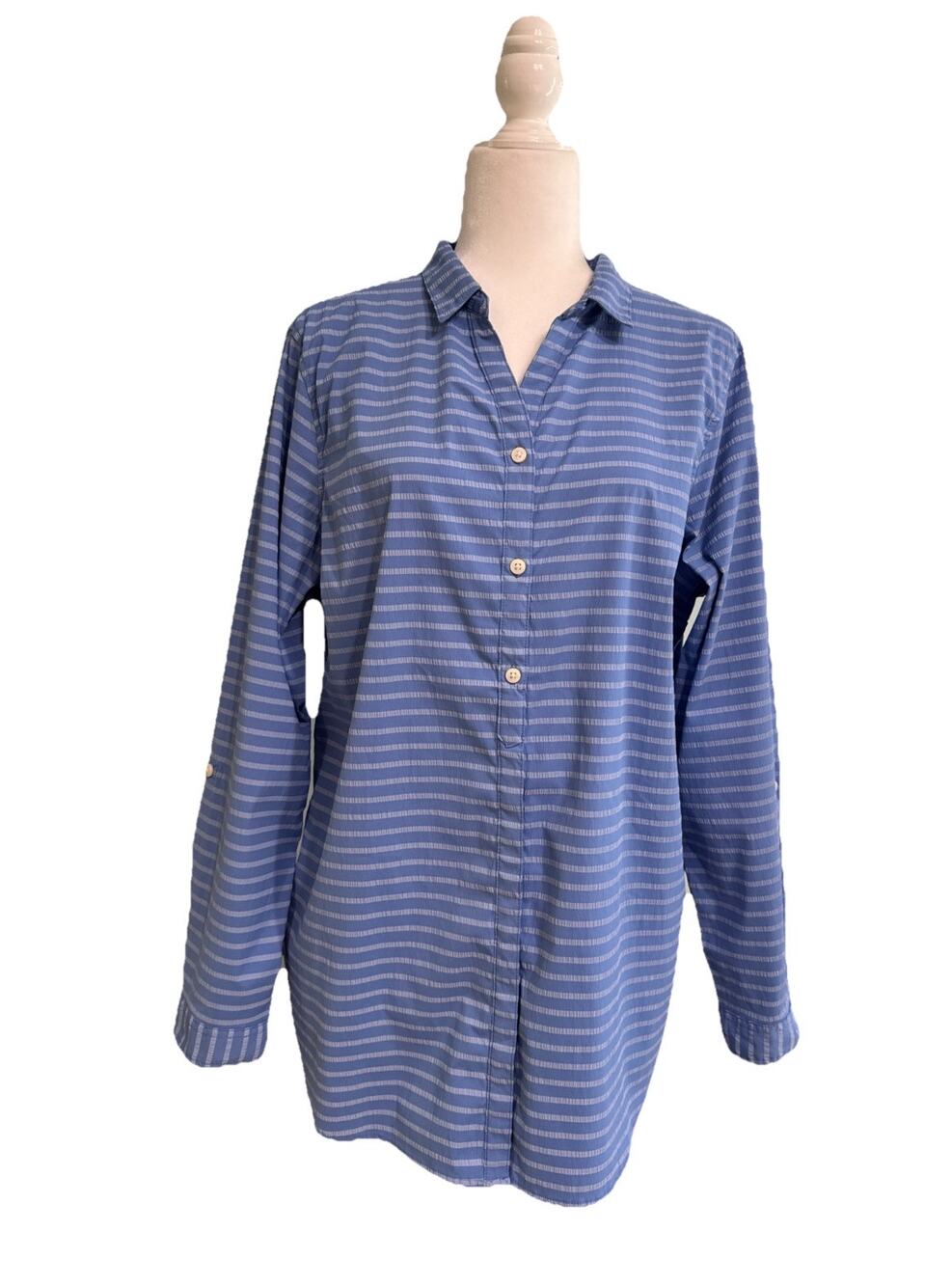 LLBean Button Front Tunic Shirt Womens XL Blue Striped Roll Tab Sleeve Pockets